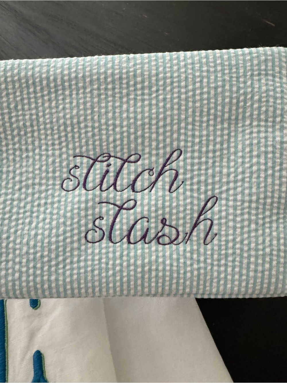Embroidered 'stitch stash' Seersucker zippered bag pouch  - needlepoint
